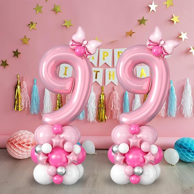 40 Inch Pink Number 9 Balloon for 9th Birthday Decoration Pastel Baby Pink Number Nine Foil Balloon Tower Giant Large Digit Hot Pink White Helium Balloons Stack Stand for Girls Anniversary Party