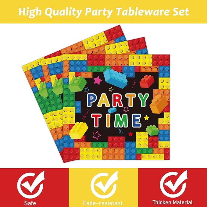 gisgfim 96 Pcs Building Block Birthday Party Supplies Paper Plates Napkins Colorful Blocks Party Birthday Decorations Favors for Boy or Girl Serves 24