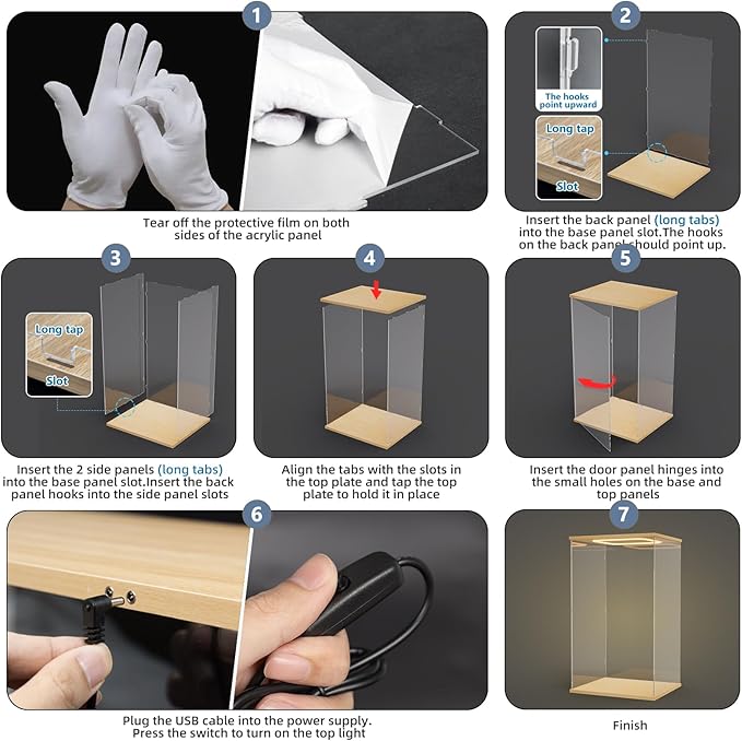 Nynelly Acrylic Display Case for Zimomo Labubu with Light, Clear Display Box for Large Collectibles Doll, Assemble Dustproof LED Showcase Storage Box with Door & Wooden Base, 13.8x11.8x23.6in