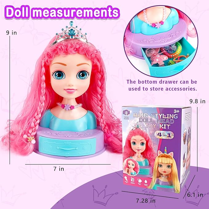 4-in-1 Doll Head for Hair Styling Kids-9Inch,41pcs Hair Salon Toys Makeup Kit Princess Accessories Pretend Play Toys Birthday Gifts for 3-8 Year Old Girls