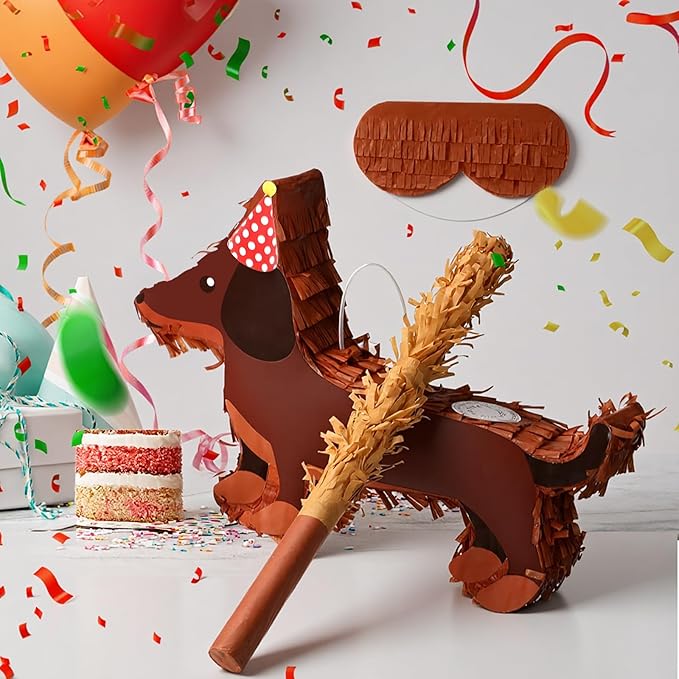 Dachshund Dog Piñata 3D Puppy Birthday Decoration with a Blindfold and Bat for Kids Girls Boys Gift Holiday Piñata Party Baby Shower Supplies