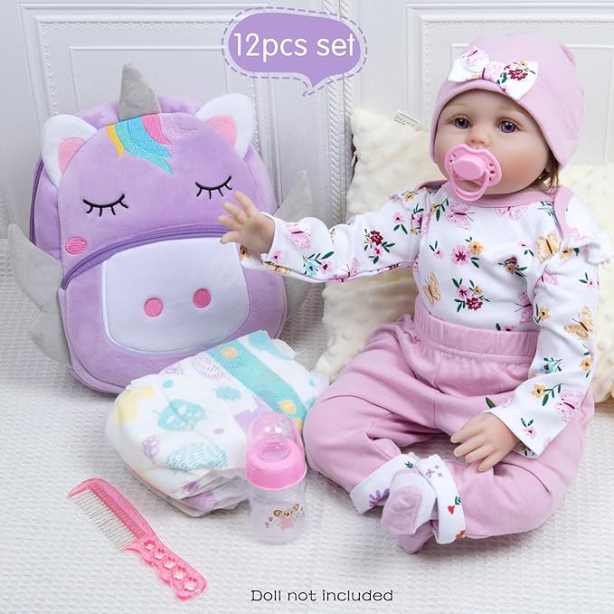 Reborn Baby Dolls Clothes Girl Purple Flower Outfit Accessories 12 Pcs for 17-22 Inches Reborn Doll Newborn Girl with Purple Unicorn Backpack