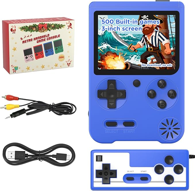 Retro Handheld Game Console, 3-inch IPS Screen Portable Game Console with 500 Built-in Classic Games ,1200mAh Rechargeable Battery, Plug & Play Video Games - Blue