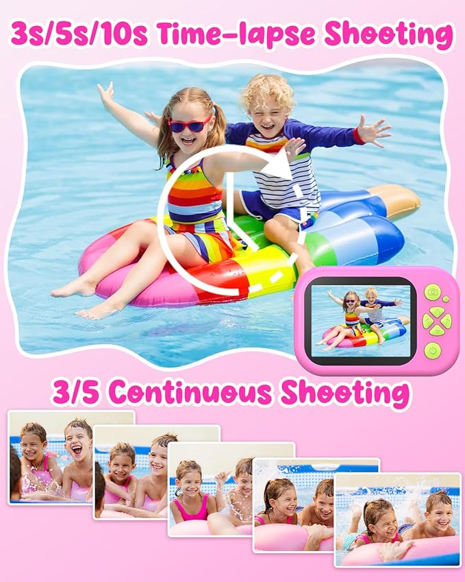 Waterproof Kids Camera, Underwater Camera for Kids 1080P Digital Video Camcorder with 2.4” Display, 32GB TF Card, Emergency LED Flash, Diving Swimming Beach Pool Toys for 3-12 Years Old Girls, Pink