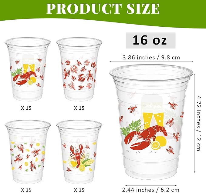 Kochorie 16 Oz Plastic Crawfish Boil Cups 60 Pcs Crawfish Party Supplies Clear Cups Plastic Drinking Cup Lobster Cups Crawfish Boil Party Cups for Lobster Seafood Party Birthday Decoration
