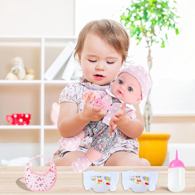 Realistic Baby Doll Set in Gift Box - 12 Inch Newborn Alive Baby Doll with Accessories and Clothes with Pacifier Feeding Bottle Diapers Hat Bib Socks Stuff Gift Idea for Ages 3+