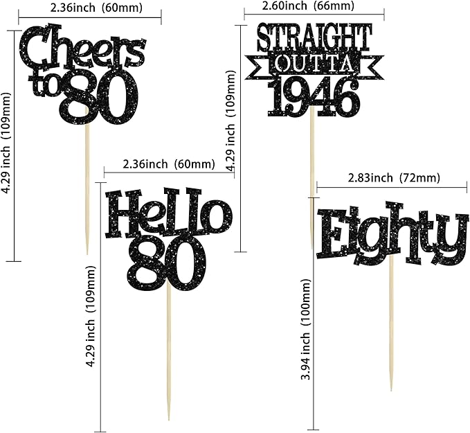Ephlyn 24Pcs Happy 80th Birthday Cupcake Toppers Glitter Straight Outta 1946 Cupcake Picks Hello 80 Cheers to 80 Years Birthday Cake Decorations for 80th Birthday Anniversary Party Supplies Black