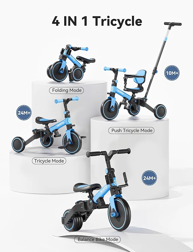 besrey 4 in 1 Toddler Bike, Toddler Tricycle for 1-3 Year Old, Trike with Push Handle, Backrest and Safety Belt, Birthday Gifts and Toys for Boys and Girls, Balance Bike (Blue)