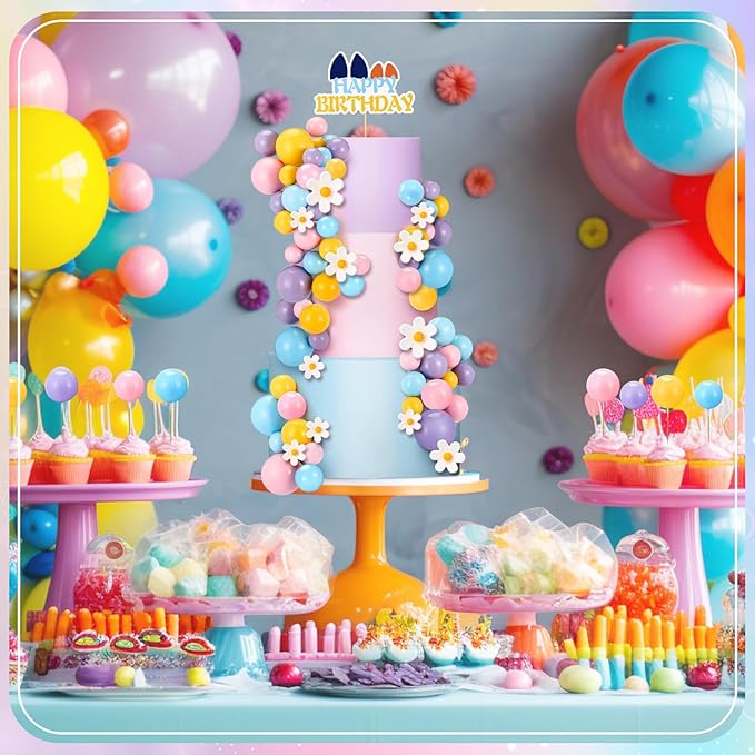 63 Pcs Blue Dog Cake Toppers with Balls Cake Picks and Daisy Flowers for Birthday Decoration Groovy Pastel Cupcake Inserts Hippie Wedding Party Supplies(Happy Birthday)