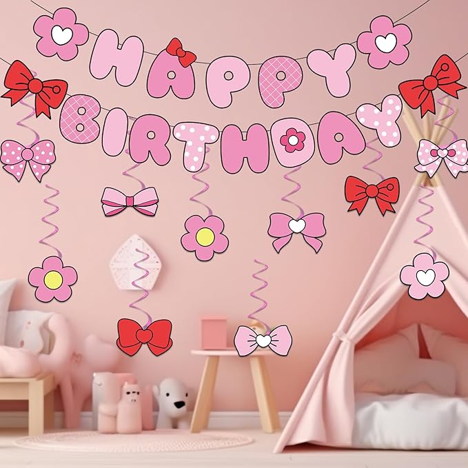 Pink Bow Birthday Party Decorations Bow Happy Birthday Banners Pink Hanging Swirl Cartoon Cat Theme Party Supplies Cute Bowknot Cutout Streamers for Girls Baby Shower Coquette Bachelorette Party Decor