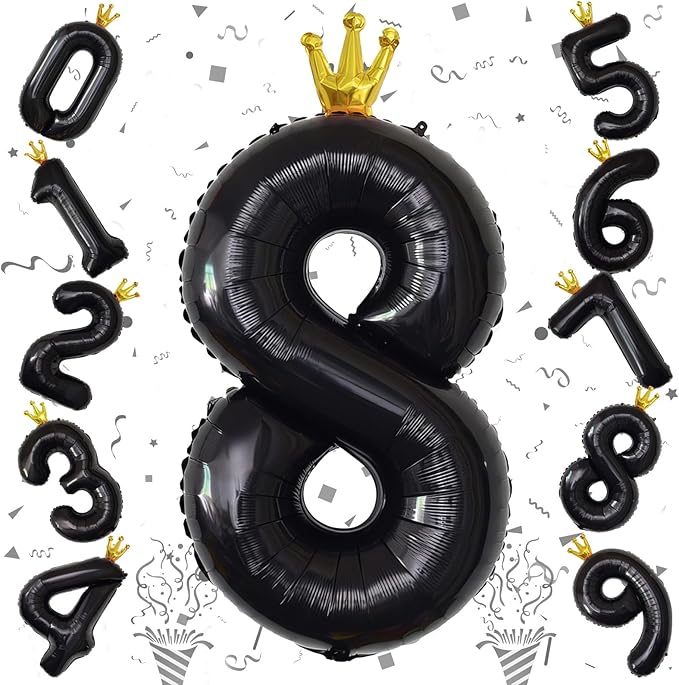 40 Inch Black Number Balloons, Big Crown Foil Number 8 Balloons for Kids 8th Birthday, Self Inflating Balloon Decorations 0-9 Set for Girls Boys Birthday Party Decoration Anniversary Party Supplies