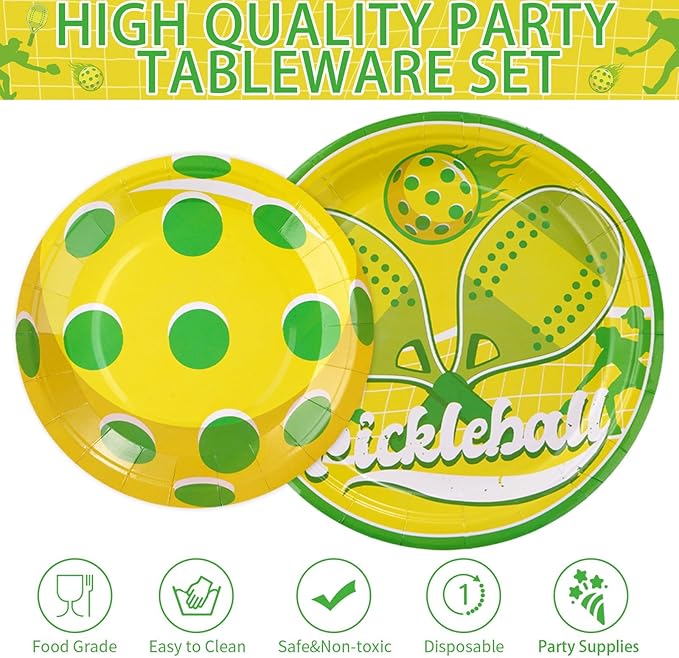 96Pcs Pickle-balls Party Supplies Pickle-balls Party Plates and Napkins Disposable Pickle Ball Paper Tableware Set for Pickle Ball Theme Birthday Baby Shower Sports Party Decorations Serves 24