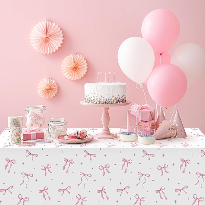 6Pcs Coquette Party Tablecloths Decorations,Pink Bow Plastic Table Cover Disposable Rectangle Table Cloth for Girls Birthday Bridal Wedding Party Supplies,54x108 Inch