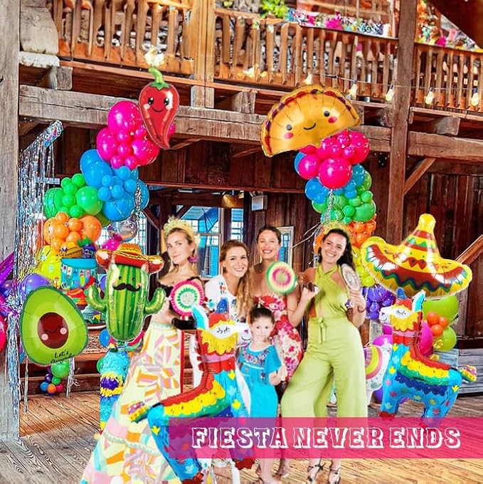 Fiesta themed balloon garland kit 150pcs Mexican Fiesta Party Decorations Arch With Cactus Llama Taco Avocado Chili Pepper Mylar Balloons for carnival Birthday Cinco De Mayo Taco Party Supplies