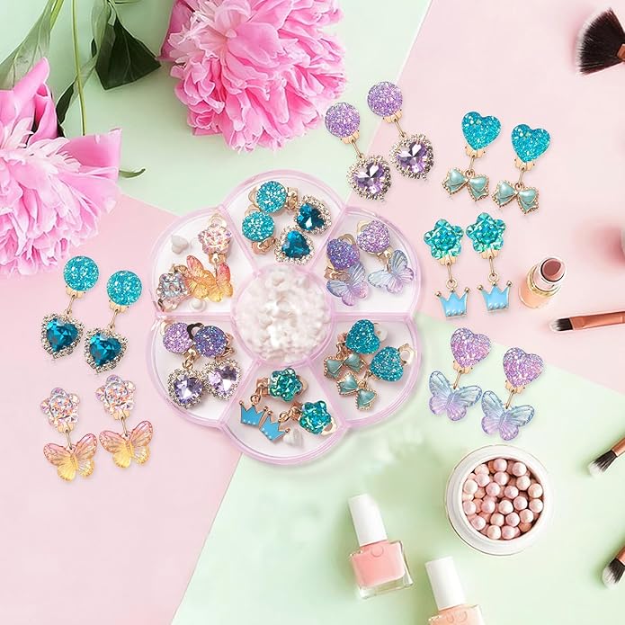 Clip on Earrings for Girls, 16Pcs Kids Clip on Earrings for Little Girls Dangle Stick on Earring Party Favor, Toddler Earring Princess Pretend Play Dress up Jewelry Gifts
