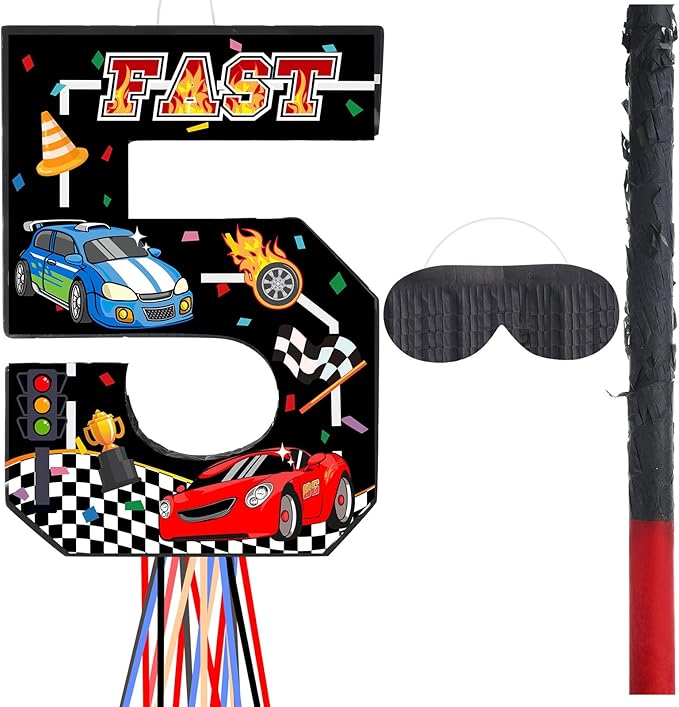 Race Car Piñata Pull String Cars Piñatas for Birthday Party Decorations Number 2 3 4 5 6 with Blindfold Stick Small Red Black Racing Theme 2nd 3rd 4th 5th 6th Party Supplies(Number 5)
