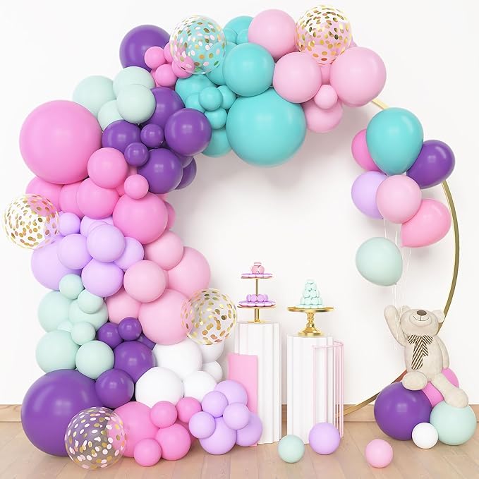 Amandir 153 Pcs Pink Purple Balloons Arch Garland Kit, Different Sizes 18 12 10 5 inch Purple Blue Pink Gold Confetti Pastel Balloon for Wedding Shower Princess Birthday Party Decorations Supplies