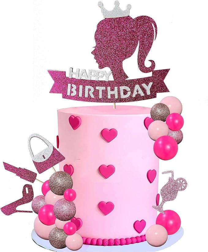 Hot Pink Girl Princess Cake Decorations - Glitter Happy Birthday Cake Topper with 20 Balls for Cake Decorating & 12 Girls Cupcake Toppers, Perfect Birthday Baby Shower Party Supplies for Barbie Fans