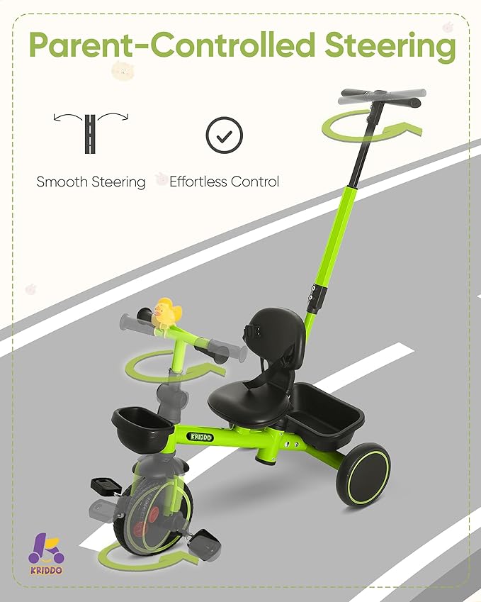 KRIDDO 2-in-1 Tricycle for Toddlers 1.5-5 Years, Push Tricycle with Parent Steering & Detachable Handle, 9-Stage Adjustable Handlebar, Toddler Trike with Safety Belt, Clutch Pedals & Dual Baskets, GN