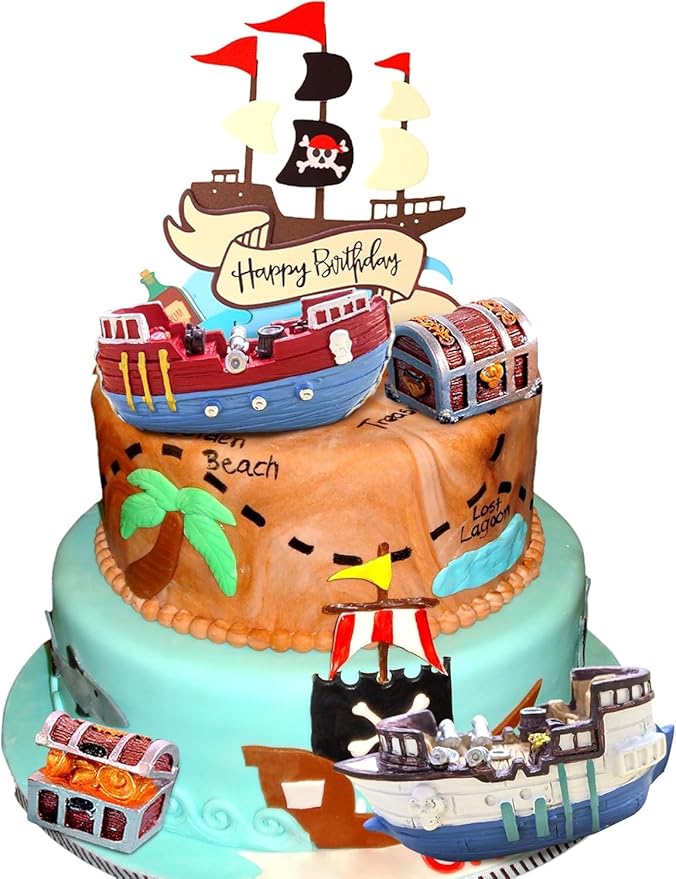 Pirate Ship Cake Topper Nautical Sailboat Model Decoration Set Gold Coins and Pirate Gems Pirate Treasure Chest Compass for Kids Pirate Birthday Party Supplies pirate cake decoration