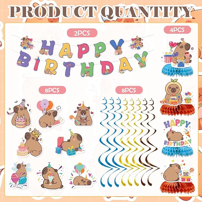 Capybara Birthday Party Decorations Include Capybara Happy Birthday Banners Hanging Swirls Honeycomb Centerpiece Cute Capy Bday Animals Decor Supplies