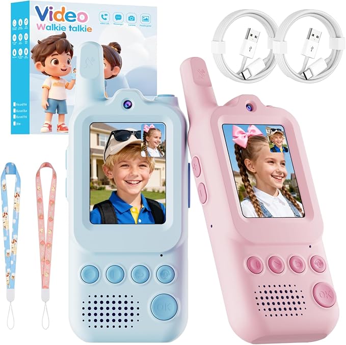 Video Walkie Talkies for Kids 2 Pack Rechargeable Video Intercom with Voice Changer, 1300FT Long Range Radios, Camping Hiking Toys, Birthday Gifts for Boys Girls Ages 3-12 (Pink&Blue)