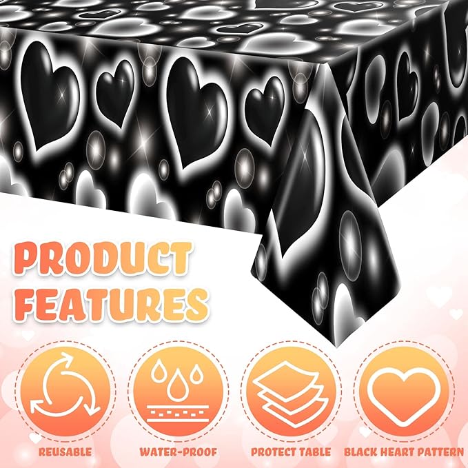 Tudomro 3 Pack 2000s Tablecloth Decoration 54 x 108 Inches Cholo Party Table Cover Y2k Party Decoration Heart Disposable Kpop Table Cloth for Birthday Supplies(Black)