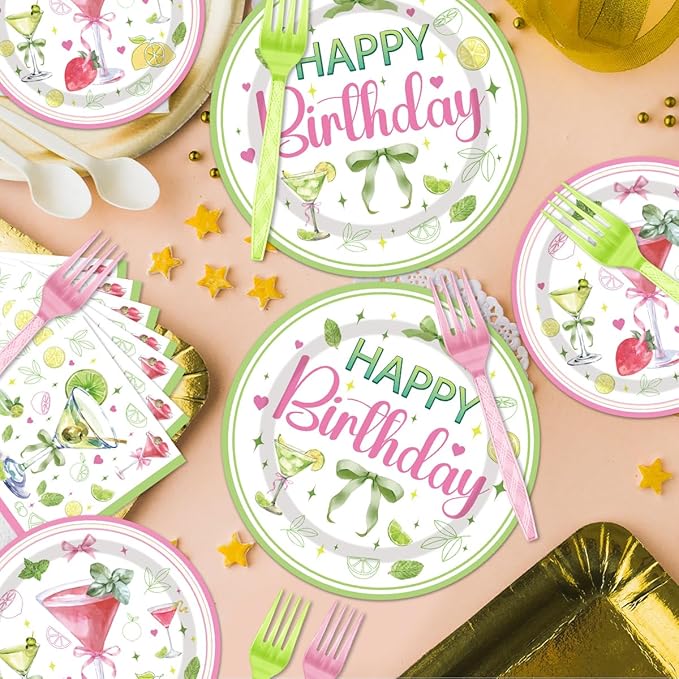 96 Pcs Martini Happy Birthday Party Supplies, Martini Bow Plates and Napkins Tableware Set, Tini Bit Older Birthday Decorations, Bar Bachelorette Party Disposable Dinnerware Serve 24 Guests