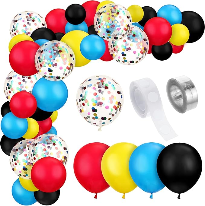 147 Pieces Theme Balloon Decorations Arch Garland Kit Include Blue Red Yellow Black Balloons with Confetti Balloons and Roll Tape for Kids Birthday Party Supplies