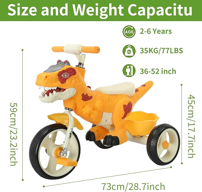 Dinosaur Kids Tricycle for Rider- Toddlers Kid Trike Bike Big Wheel with Music, Storage Basket,Indoor/Outdoor Preschool Daycare Kids Bike,Best Gift for 3-7 Year Old Girls & Boys (Orange)