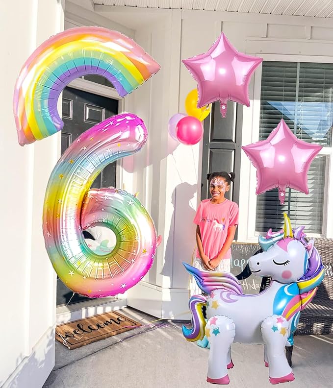 6PCS Self Standing Unicorn Balloons, Unicorn Balloon, Large Rainbow Balloon, Colorful Number 6 and Star Balloons for Girl 6th Birthday Party Decorations Supplies.(6th)