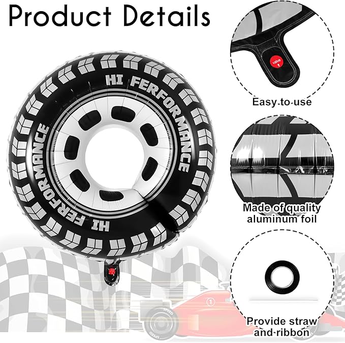 6 Pcs Large Wheel Balloons, 30 Inch Foil Tire Balloons Race Car Wheel Balloon, Race Car Party Decorations for Birthday Party Racing Theme Party Supplies