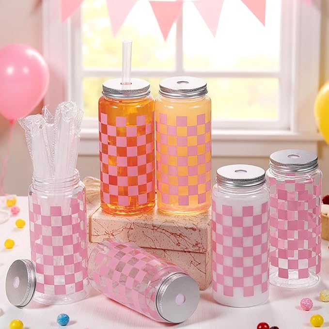 Patelai 24 Pack Light Pink Gingham Cups 13.5 oz Clear Pink Checkered Plastic Cups with Lid and Straw Reusable Plastic Plaid Tumbler for Baby Shower Wedding Birthday Bachelor Party Supplies