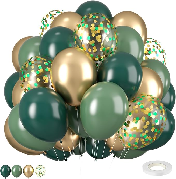Green and Gold Balloons, 12 Inch Dark Emerald Green Sage Green Metallic Gold Balloon Green Gold Confetti Balloons for Birthday Wedding Christmas New Year Eve Party Decorations