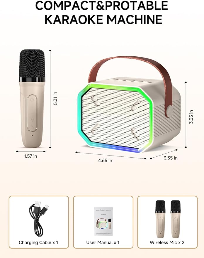 Karaoke Machine for Kids and Adults, Mini Portable Bluetooth Speaker with 2 Wireless Microphones, Led Lights for TV, Kids Gifts for Girls Boys Family Party Birthday (Beige)