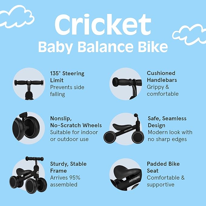 Retrospec Cricket Baby Balance Bike, 4-Wheel Ride-On Toy for Ages 12-24 Months – First Bike & Toddler Bike for 1 Year Old Boys & Girls, First Birthday Gift
