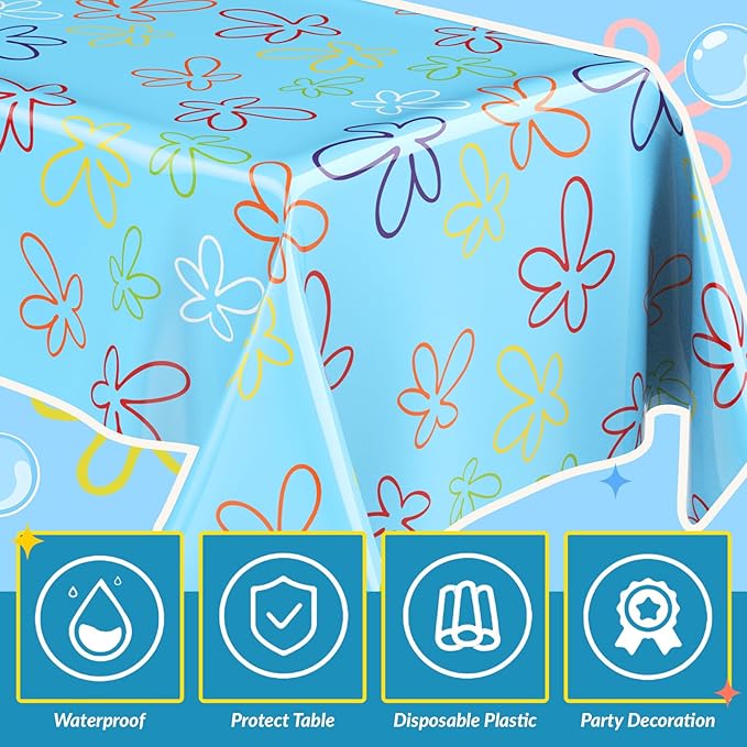 Oudain 2 Sheets Sponge Birthday Party Supplies Blue Ocean Flower Tablecloth 54 x 108 Inch Plastic Table Covers for Birthday Party Decorations