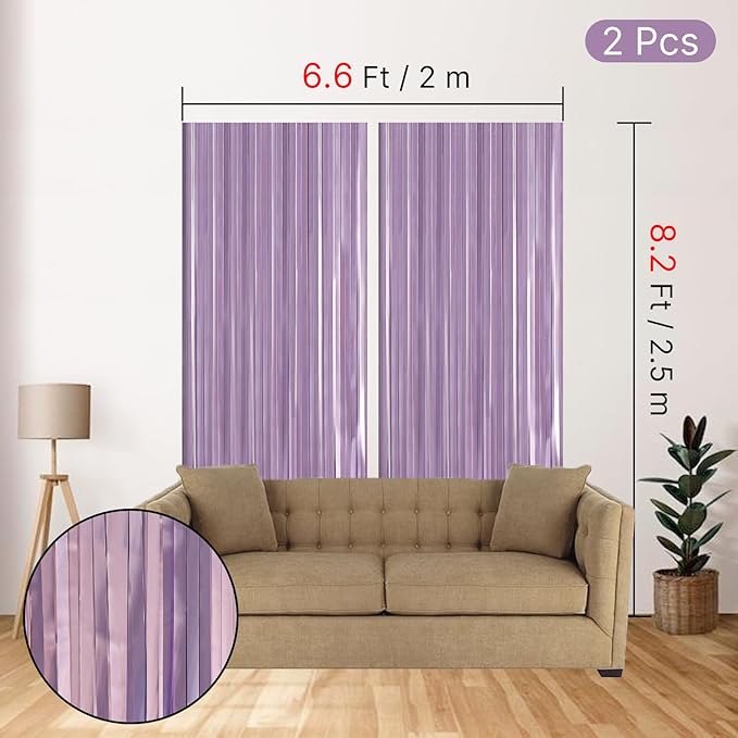 ParyWoo Light Purple Streamers 2pcs Tinsel Backdrop 8.2FT Metallic Lavender Foil Fringe Streamer Curtains Photo Booth Backdrop for Halloween Baby Shower Bachelorette Wedding Party Decorations