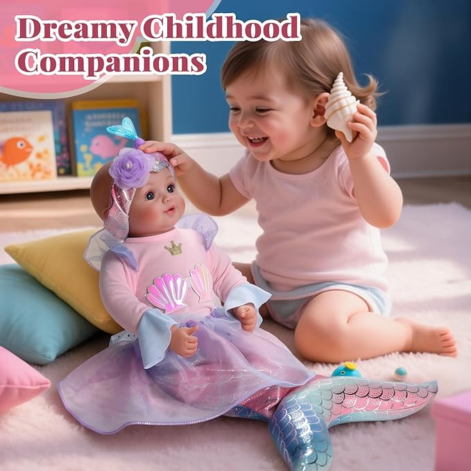 BABESIDE Mermaid Baby Doll Girl, 15-Inch Realistic Soft Baby Dolls with Shiny Mermaid Tail & Accessories, Cute Mermaid Toys for Girls Ages 3+ Kids, Christmas, Birthday