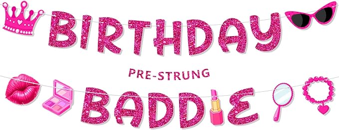 Pre-Strung Hot Pink Birthday Baddie Decorations, NO DIY Glitter Birthday Baddie Banner, Funny Brithday Party Supplies for Women and Girls
