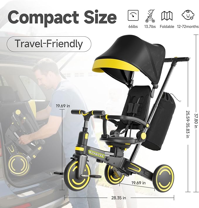 WinHope 9-in-1 Push Tricycle for Toddlers 1-3 Years, Convertible Kids Trike with Push Handle & Safety Belt, One-Client Foldable Design + Storage Basket, Birthday Gift and Toy for Boys and Girls(Black)