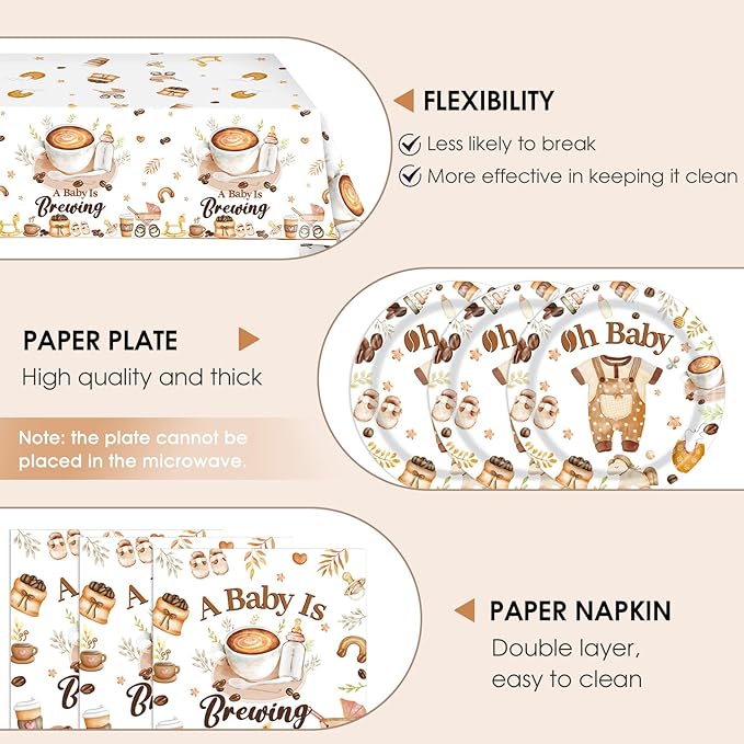 41PCS Coffee Themed Baby Shower Decorations for Kids,A Baby is Brewing Coffee Banner Baby Shower Plates and Napkins Sets Disposable Tablecloth Coffees Beans Shower Welcome Baby Decorations