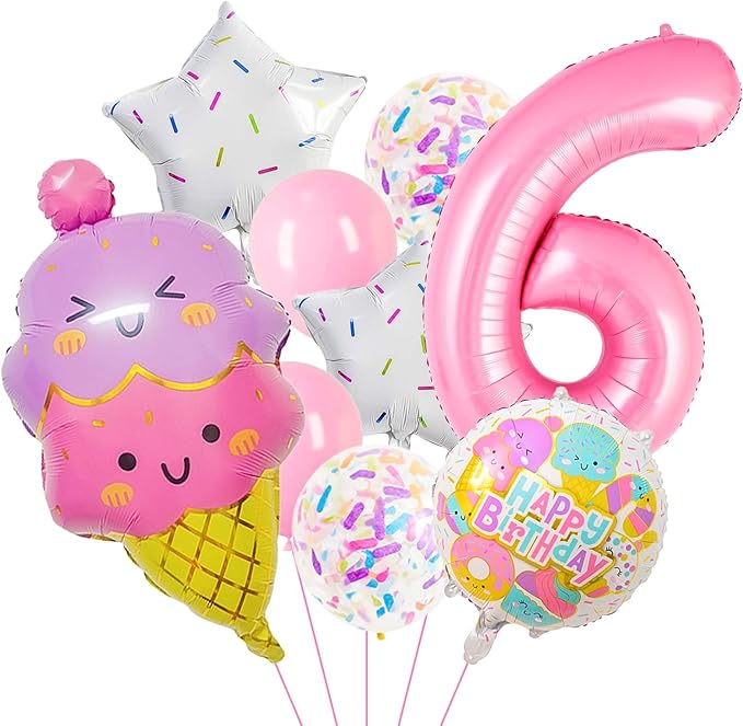 Pink Ice Cream Balloons, Number 6 Balloon, 6 Year Old Girl Birthday Decorations, Ice Cream Balloon for Girls Birthday Party Decoration (6)