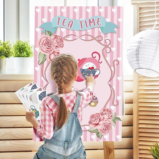 Hooqict Tea Party Games: Pin the Tea Cup on the Saucer, Large Decorations with 24 Cup Stickers for Girls' Birthday Party