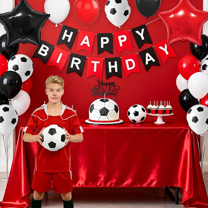 Soccer Birthday Party Decorations for Men Women, Soccer Birthday decorations with Red Black White Balloons Happy Birthday Banner Cake Toppers 18in Foil Balloon for Boys Girls Women Men Party Decor