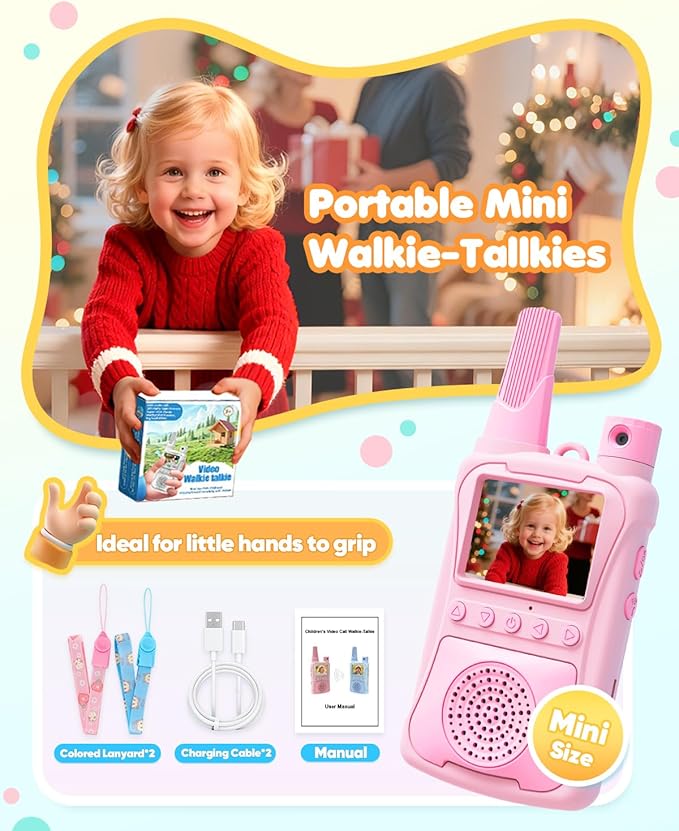 Video Walkie Talkies for Kids 2 Pack with 180° Camera & Games & HD Screen, Rechargeable Long Range Camera Walkie Talkies, Toddler Indoor Outdoor Toys Birthday Gifts for Girls Boys Age 3-12 Year Old