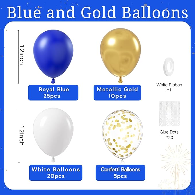 Royal Blue Gold White balloons, 60pcs 12 Inch Navy Blue Metallic Gold Confetti Balloon for Wedding Graduation Baby Shower Birthday Decorations