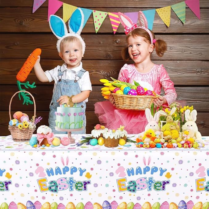 3 Pcs Easter Bunny Tablecloth Decorations Happy Easter Decorations Colorful Rabbit Eggs Spring Plastic Tablecloth Family Table Cover 108 x 54 Inch
