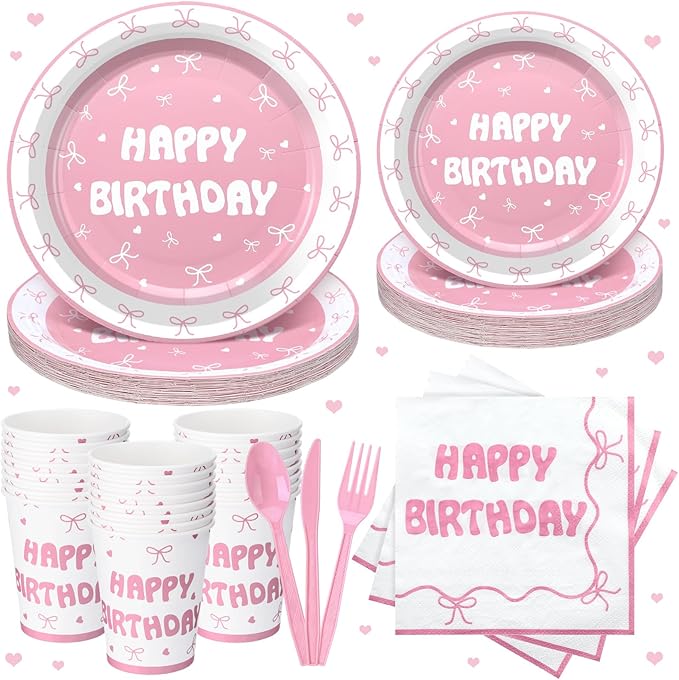 168 Pcs Coquette Birthday Decorations Wedding Spring Pink Bow Birthday Party Supplies Includes Pink Bow Napkins Plates Forks and Theme Tableware Party Supplies Decor