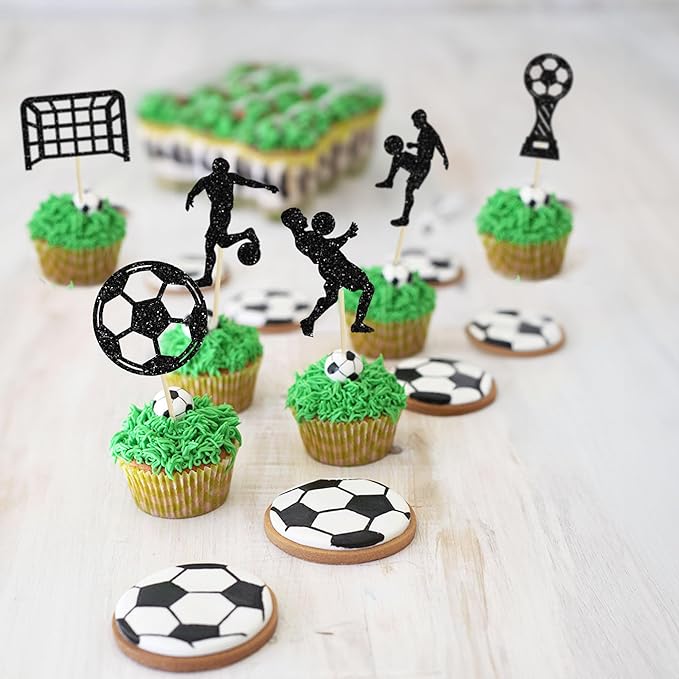 24Pcs Soccer Cupcake Toppers Glitter Soccer Ball Cupcake Picks Sport Cake Decorations Football Theme Birthday Party Baby Shower Kids Boys Men Birthday Party Favors Supplies Black